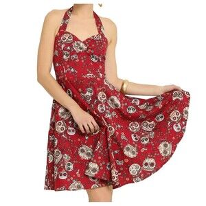 HELL BUNNY VIXEN Womens Dress Small Red Halter Fit Flare Skull Sundress JASMINE